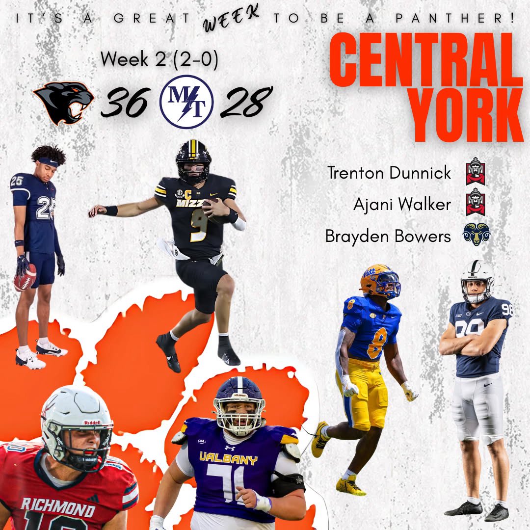 🔥🐾 It was a GREAT week to be a PANTHER!!! 🔥

Central York moves to 2-0 after a gritty 36–28 win over MT! 🧡🖤

And our former Panthers DOMINATING all over the country this weekend. 🌎🏈

This is CentralPride – winning on Friday nights &amp; carrying that same energy to Saturdays!