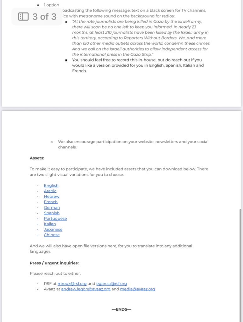 🚨 Leaked documents show Avaaz &amp;  Reporters Without Borders (RSF) joined forces with 150 media outlets across 50 countries to launch a coordinated, planned press attack on Israel set to take place  September 1st. 

Avaaz &amp; RSF are not defending press independence, they’re