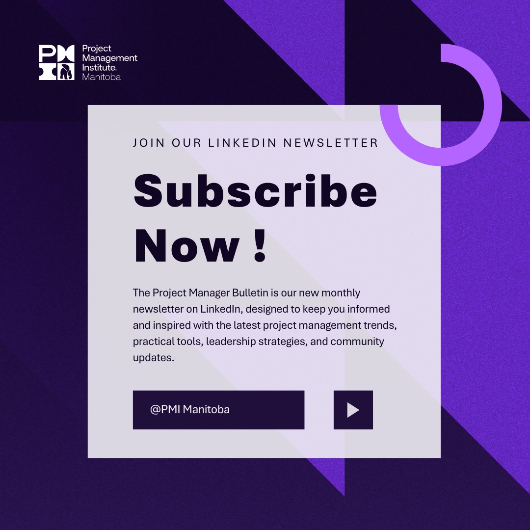 Exciting News!

We’re launching The Project Manager Bulletin, PMI Manitoba’s new monthly newsletter.

Subscribe now on LinkedIn and get the latest updates: linkedin.com/build-relation…

#PMIManitoba #ProjectManagement #Leadership #ProfessionalGrowth #Newsletter