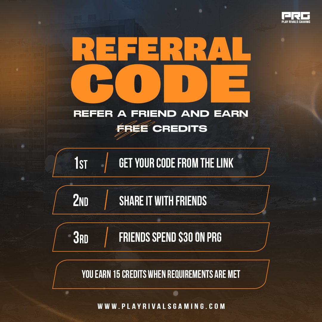 🚀 Refer &amp; Earn on PRG! 🎮
💳 Share your referral code → they play and spend $30 → you earn credits.
It’s that simple.

👉 Start sharing today and stack up your rewards!

🚀 احالة صديق وأربح مع PRG 🎮
 💳 شارك كود الدعوة حقك ← يلعبون ويصرفون $30 ← وإنت تربح كريدتس.
الموضوع