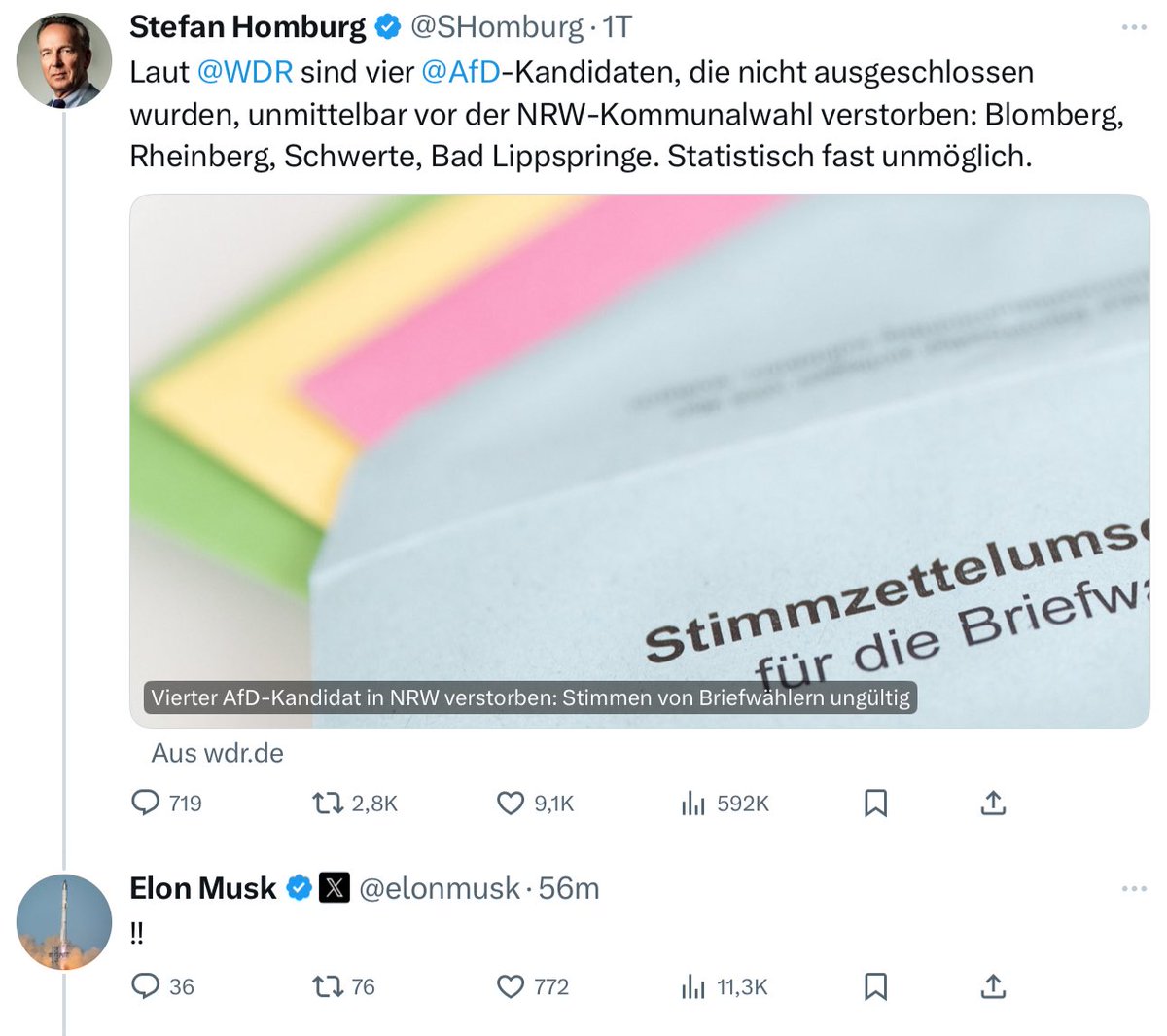 Liebe Regierung, 
lieber Inlandsgeheimdienst,

ich hoffe sehr, dass hinter dieser Geschichte nicht mehr als ein absurd unwahrscheinlicher Zufall steckt.

Wenn nicht: Herzlichen Glückwunsch, bald könnten circa 220 Millionen Menschen (Musks Follower) von diesem Zufall erfahren. 😘