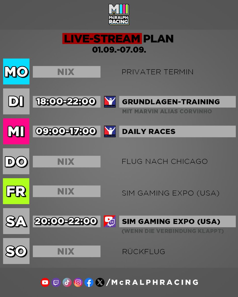 Hallo zusammen 👋😊

Die kommende Woche wird ein bisschen Live-Stream-ärmer, dafür sende ich Samstagabend (wenn die Verbindung gut genug ist) live von der Sim Gaming Expo in Chicago 🇺🇲

Ich freue mich, wenn ihr reinschaltet 😉

Viele Grüße, euer McRalph