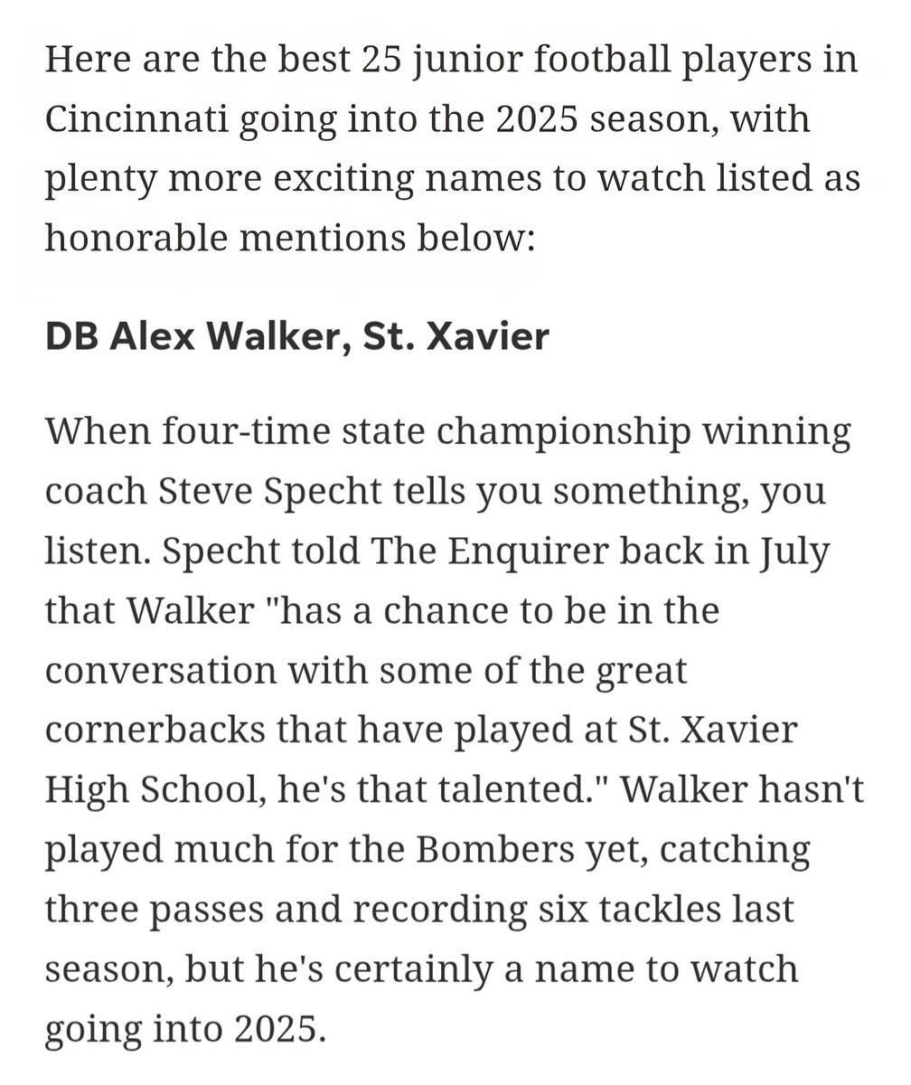 Thank you Cincinnati Enquirer for ranking me as one of the top 25 juniors in the Greater Cincinnati area!
<a href="/jackschmelznger/">Jack Schmelzinger</a> 
<a href="/Enquirer/">Enquirer</a>
<a href="/COACHSPECHT28/">Steve Specht</a> 
<a href="/Brodbeckj02/">Jake Brodbeck</a> 
<a href="/BellamahM/">Michael H. Bellamah</a> 
<a href="/RUNBYU/">COACH T, M.Ed., HSSCC, USAW,FMS</a>
<a href="/Coach_JCarp/">Jeremy Carpenter</a>
<a href="/coachrklotz18/">Robert Klotz</a>
<a href="/1coachmorrison/">Coach Morrison</a>
<a href="/stxsports/">Cincy St. X Sports</a>
<a href="/StXFB/">Bomber Football</a> 
<a href="/JaredLuginbill/">Jared Luginbill</a>