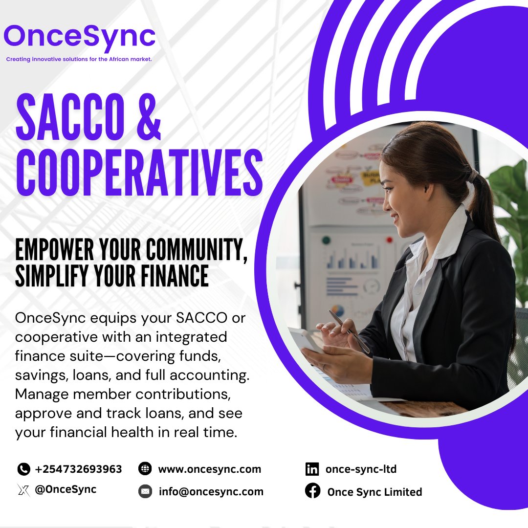 OnceSync's tweet image. 🌐 OnceSync SACCO &amp;amp; Cooperative Solutions
Core banking + CRM in one powerful platform.
Digitize records, manage loans &amp;amp; savings, and grow with trust.
💡 Smart finance for smarter cooperatives.
#OnceSync #SACCOSolutions #DigitalBanking #FinTechAfrica #CooperativeGrowth