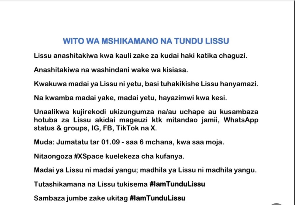 Advocate_Jebra's tweet photo. Wito wa Mshikamano na Tundu Lissu.

Kesho saa 6 mchana.

Lissu is one of our own. 

He is a true son of the soil.

He understands and stands with us. 

His struggles are our struggles.

I deeply feel his pain.

I share his troubles. 

#IamTunduLissu https://t.co/UAD6gUZoKZ