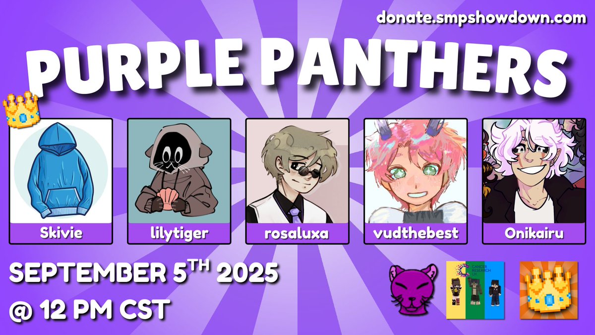 Introducing the PURPLE PANTHERS

Check them out on September 5th 2025 @ 12 PM CST and see if they can WIN the showdown! 👑