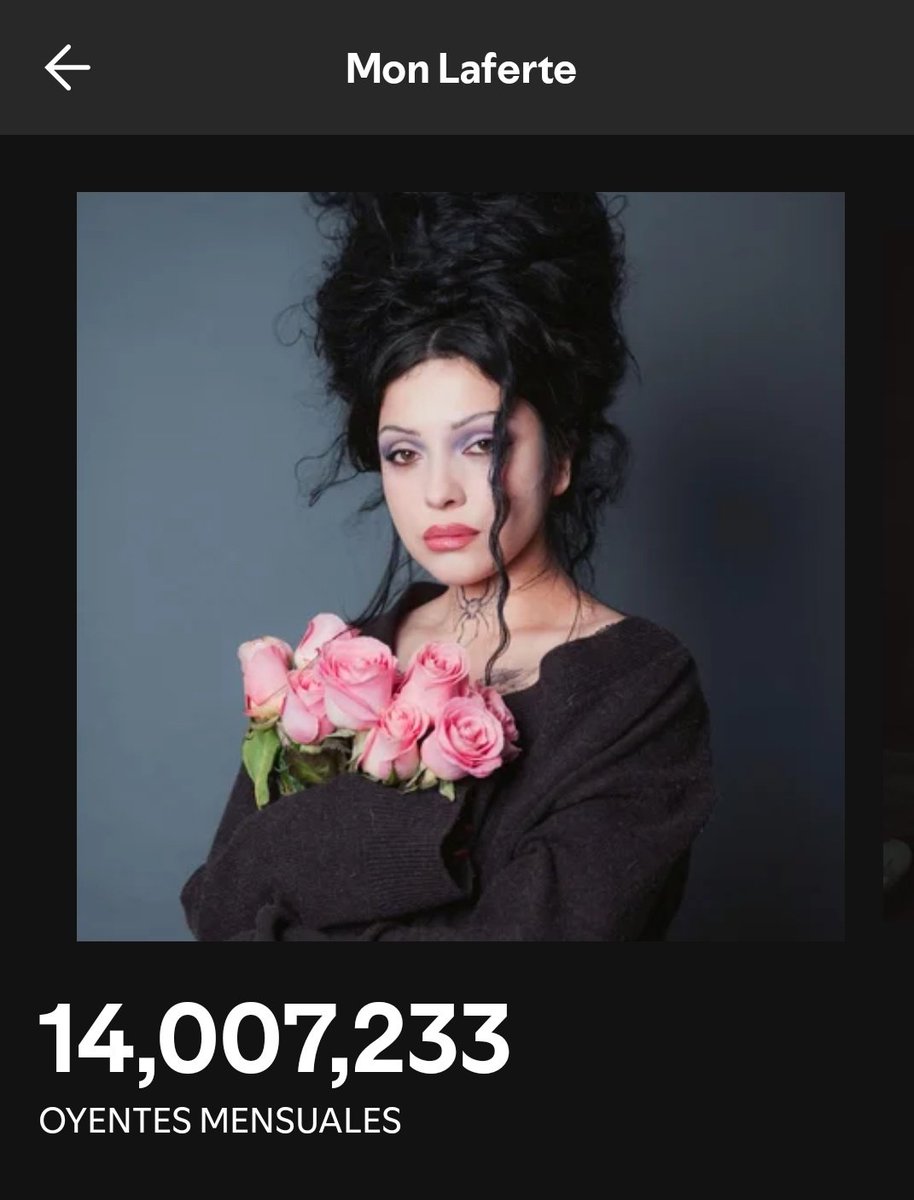 Mon Laferte alcanza un nuevo peak de oyentes siendo la primera vez que llega a los 14 MILLONES. 

Es la chilena mas escuchada a nivel global en la plataforma de spotify.