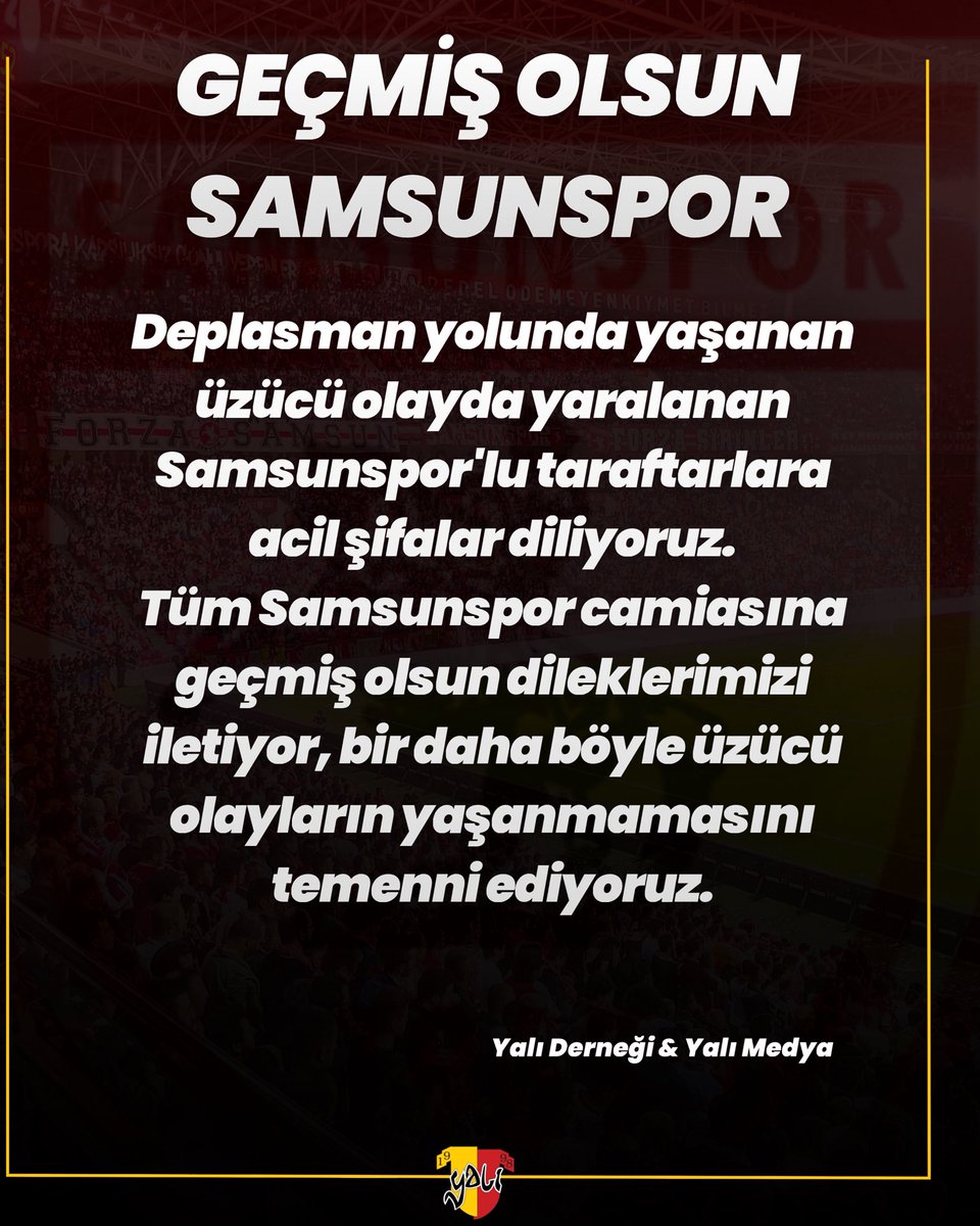 Geçmiş Olsun Samsunspor

Deplasman yolunda yaşanan üzücü olayda yaralanan Samsunsporlu taraftarlara acil şifalar diliyoruz. Tüm Samsunspor camiasına geçmiş olsun dileklerimizi iletiyor, bir daha böyle üzücü olayların yaşanmamasını temenni ediyoruz.

Göztepe Yalı Derneği