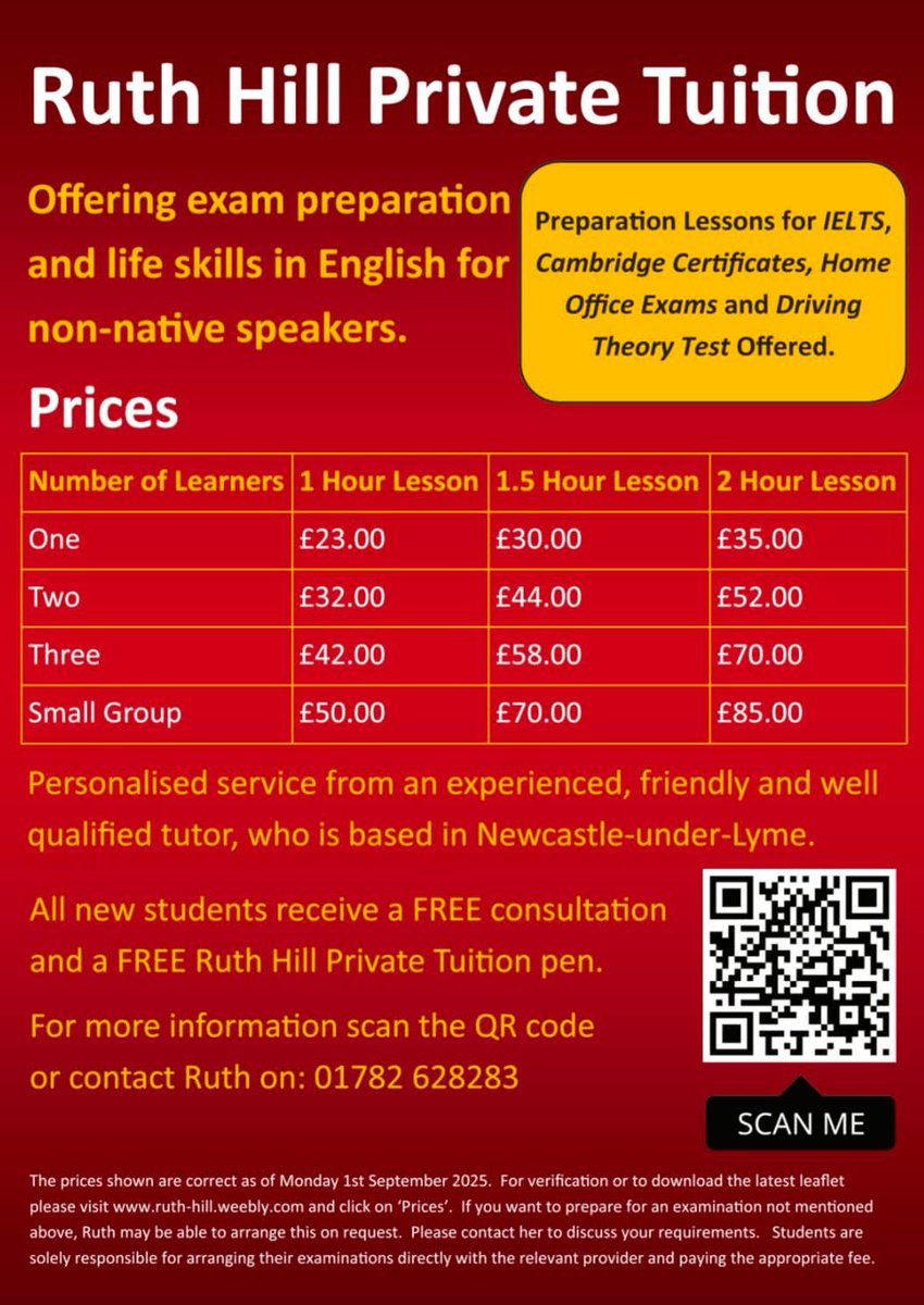 Ruth Hill Private Tuition has now been running for over 14 years 🥳

Its main features are : 
🔴 Tuition for non-native speakers
🔴 IELTS Academic &amp; General 
🔴 B1, B2, C1 &amp; C2 Cambridge Exams 
🔴 Support with ESOL College Courses 
🔴 Driving Theory 
🔴 GESE 3&amp;5 &amp; Life in the UK