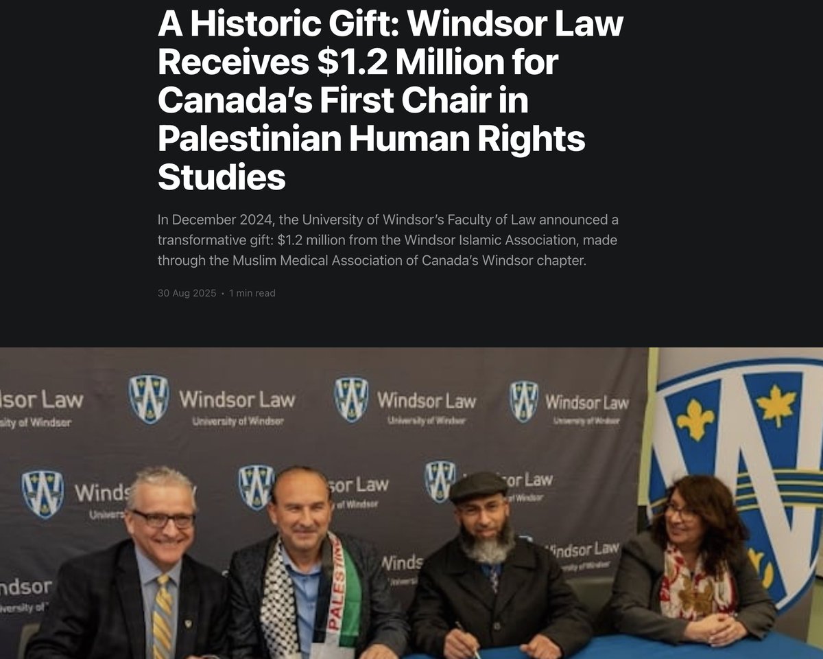 dimitrilascaris's tweet image. The University of Windsor's Faculty of Law has received a transformative gift of $1.2 million from the Windsor Islamic Association.

This endowment will establish Canada’s first Chair in Palestinian Human Rights Studies.

Kudos to the Windsor Islamic Association and @WindsorLaw!