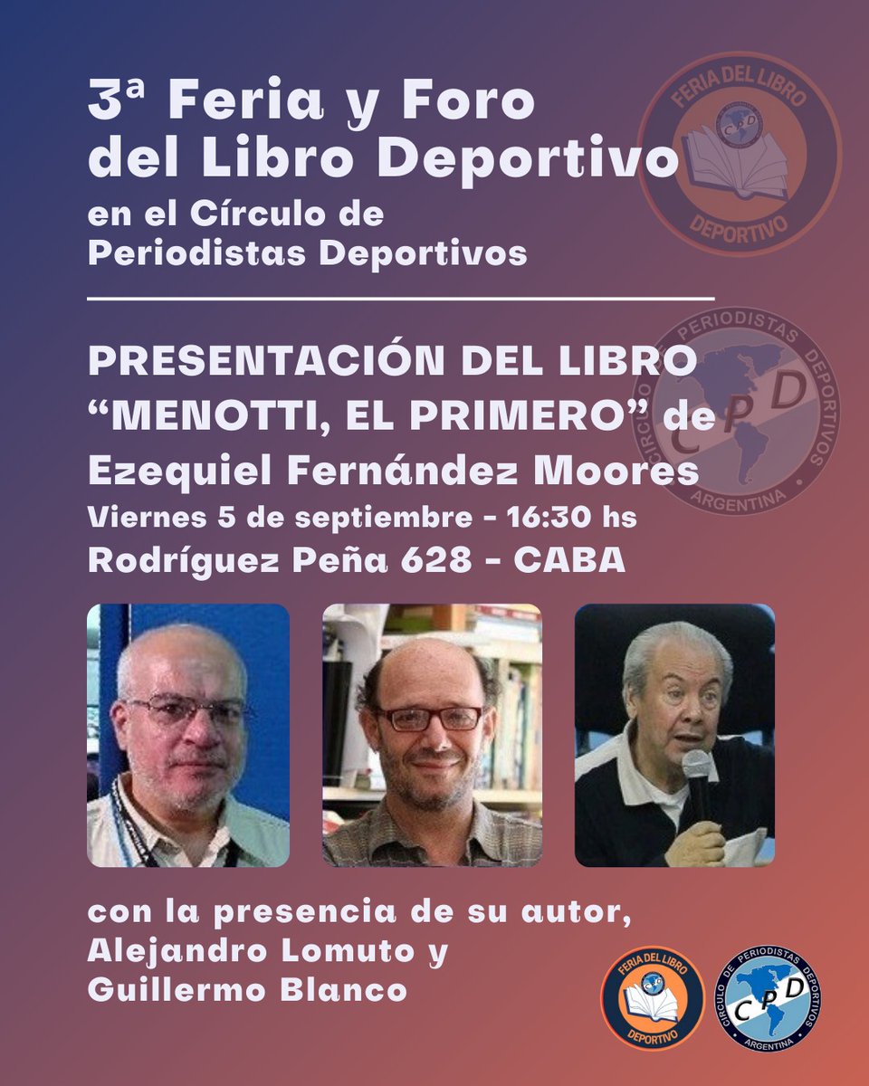 El Viernes 5 (a partir de las 14.00) y el Sábado 6 (desde las 12.00) tendremos el placer de compartir con todos ustedes la 3ª Feria y Foro del Libro Deportivo, en nuestra sede (Rodríguez Peña 628 CABA) con entrada libre y gratuita.
... sigue ...