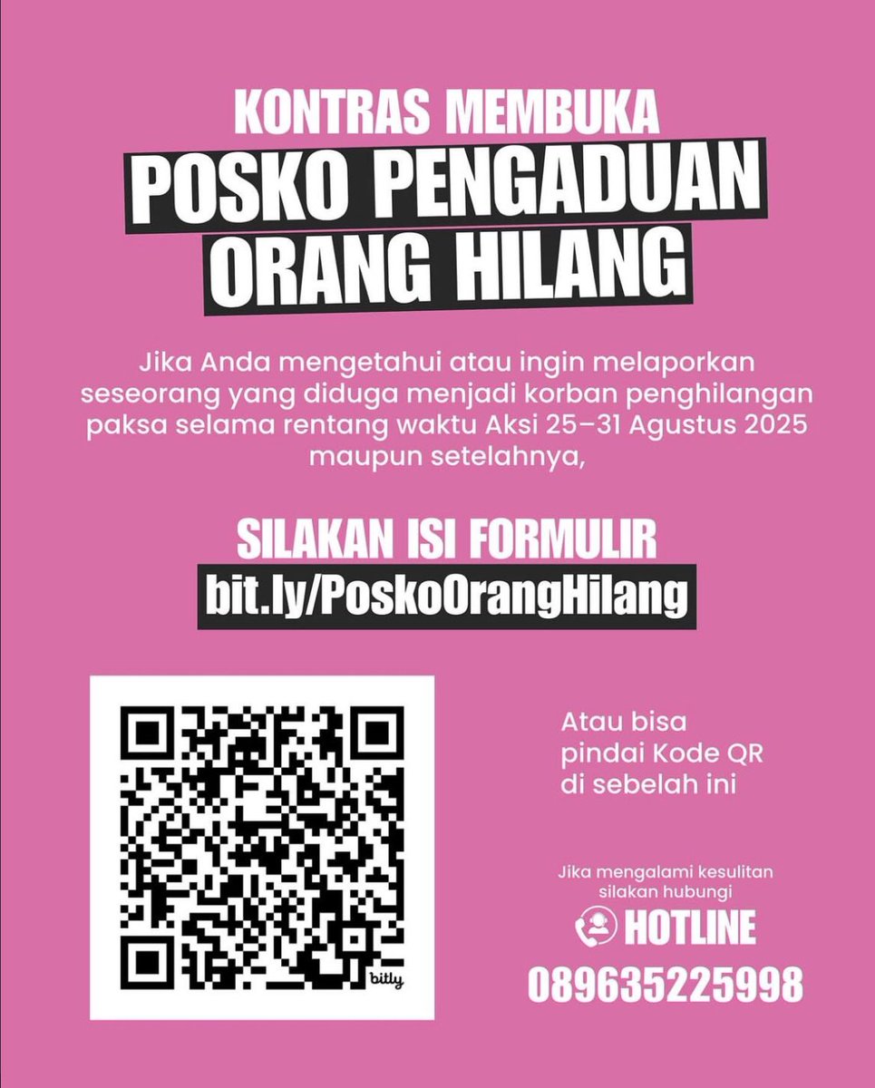 enoliska_'s tweet image. KontraS membuka posko pengaduan untuk orang hilang.

Bantu sebarkan teman-teman!