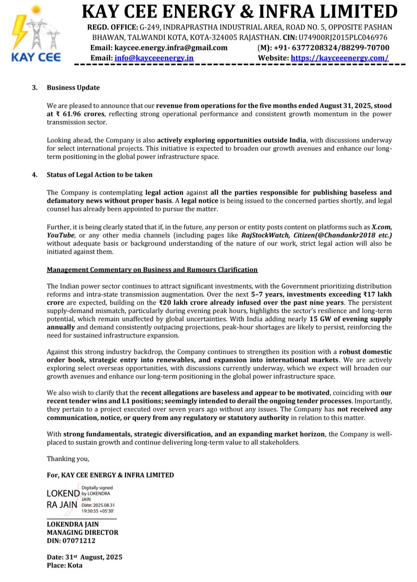 KCEIL Clarification 🚨

Kay Cee Energy &amp; Infra has issued an official statement to NSE addressing recent rumours &amp; allegations:

1️⃣ Authenticity of Certificates

Certificates were issued in name of KCEIL, not Wonder Cement.

Entire EPC scope (survey, design, towers, stringing,