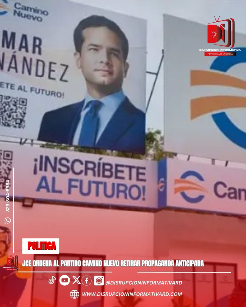 La Junta Central Electoral pidió al Partido Camino Nuevo (PCN) el retiro inmediato de todas las vallas publicitarias colocadas en distintos puntos del país en las que se promueve de manera anticipada la figura de políticos.¡Conoce más aquí!
👇
disrupcioninformativard.com