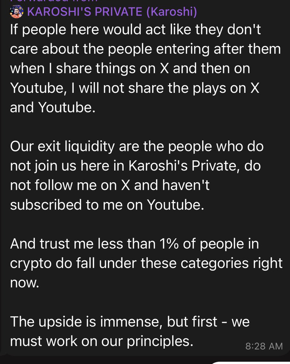 Krytposlime's tweet image. He’s buying up coins at the bottom of the chart and is using his private group to exploit anyone outside of it.

His playbook looks like this:
- Accumulate the PvP coins that big influencers are hyping at their lows
- Then share it to his private group members 
- Publicly spread…