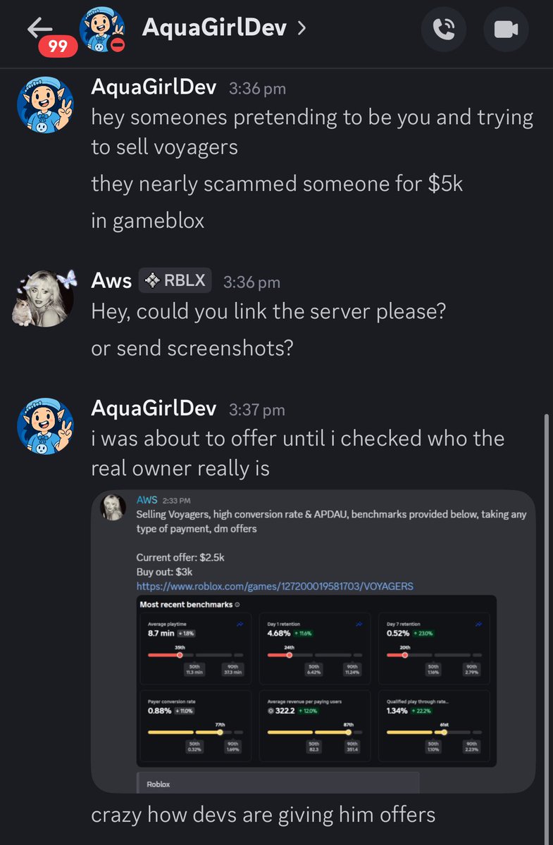 ⚠️ PSA!!! We are NOT selling Voyagers and my only socials are Aws_RBLX

It has come to my attention that someone is IMPERSONATING me to try and rip people off by claiming to be selling our Roblox games. Please share!!!