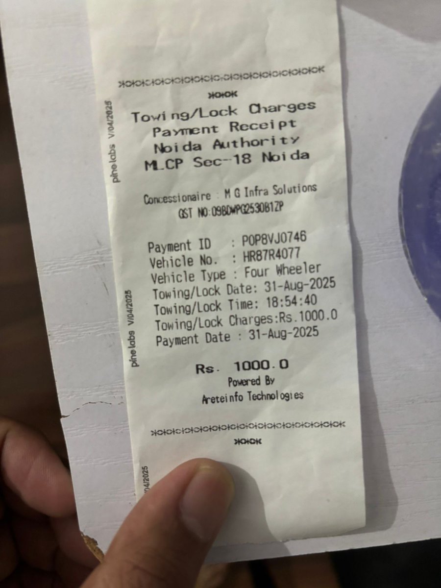 Varunkatiyar15's tweet photo. Illegal Extortion from Public-

Noida Authority has given the tender of parking to private companies who are picking up vehicle from the market and then charging Rs. 1,000 as towing charge.

Today the same happened with me. My car was parked on the right place but they picked car https://t.co/0bX9EyNpbH