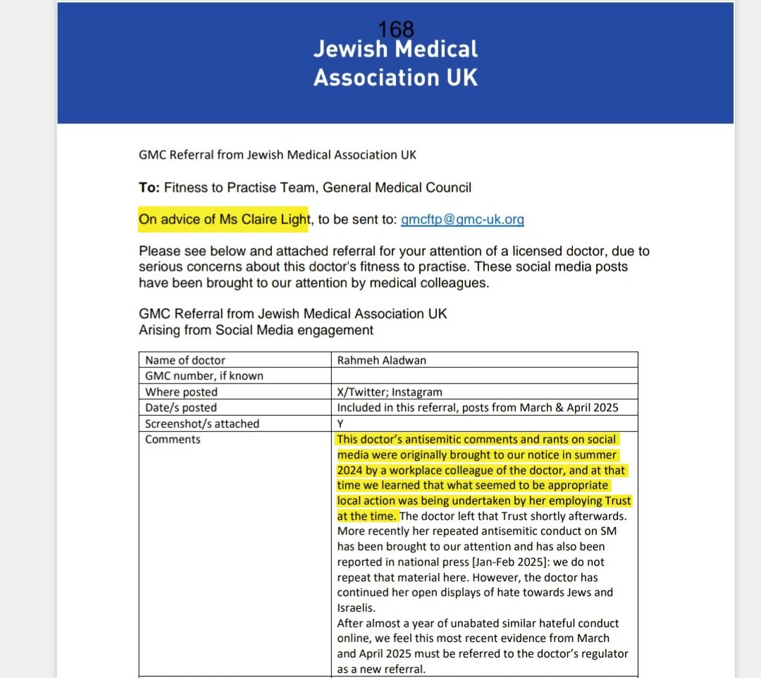 LEAKED —&gt; CONFIRMED: The doctor who lied about me in the Daily Mail's defamatory article —Dr. Miriam Green—is the same 'colleague' who complained to the Whittington Hospital (our workplace) about my online Palestine activism and had me fired.

Miriam is a jewish doctor who has