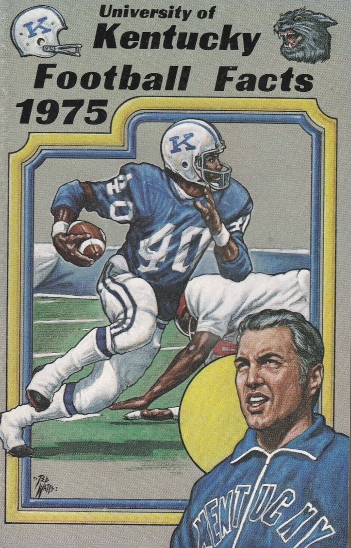 wildcatnews's tweet image. From 50 years ago, how about this Kentucky Wildcat logo in the upper right hand corner of this 1975 UK media Guide? Coach Fran Curci with Madisonville’s own All-American Alfred “Sonny” Collins.