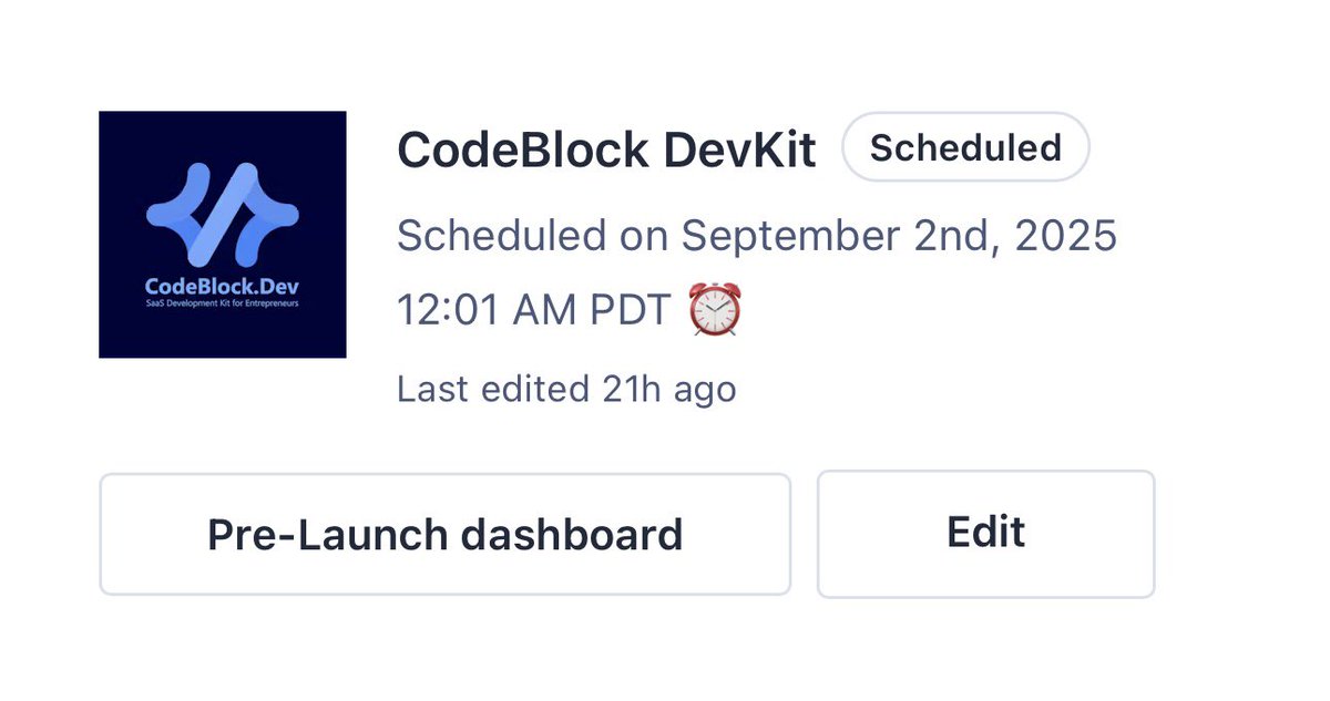 hamed_shirbandi's tweet image. Anyone here launched on Product Hunt before? 👀
Just scheduled mine for @CodeBlock_Dev this Tuesday. Super excited! 🚀
Would love to hear your tips or experiences💡
