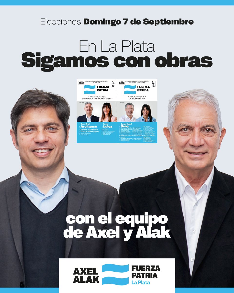 🗳️Las iniciativas que transforman la ciudad se respaldan con un voto. 

Esta es la boleta para que junto a Axel y Alak, sigamos con obras.

📩 Este 7 de septiembre votá Fuerza Patria.

 #Lista2200
