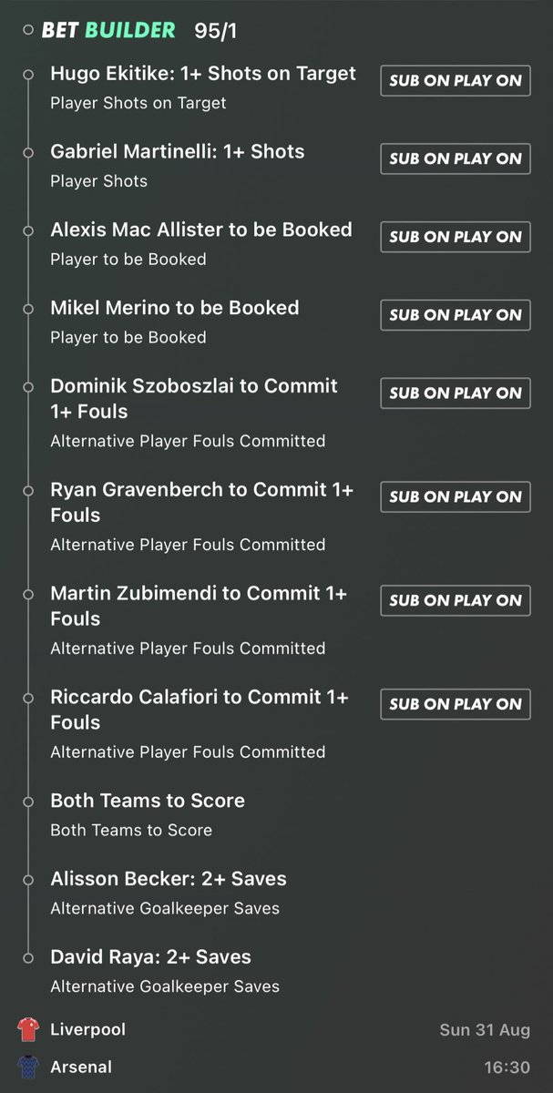 📆 Liverpool vs Arsenal
📝 95/1 Bet Builder