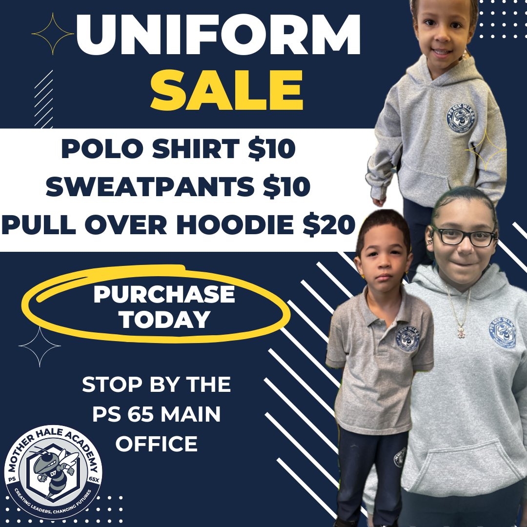 Come stop in Tuesday from 9:00 am - 1:00 pm to purchase uniforms for the school year!