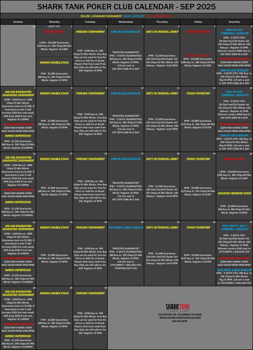 September calendar is out! Featuring multiple one day big guarantee events + cookouts! Join us tomorrow for Labor Day $25K!