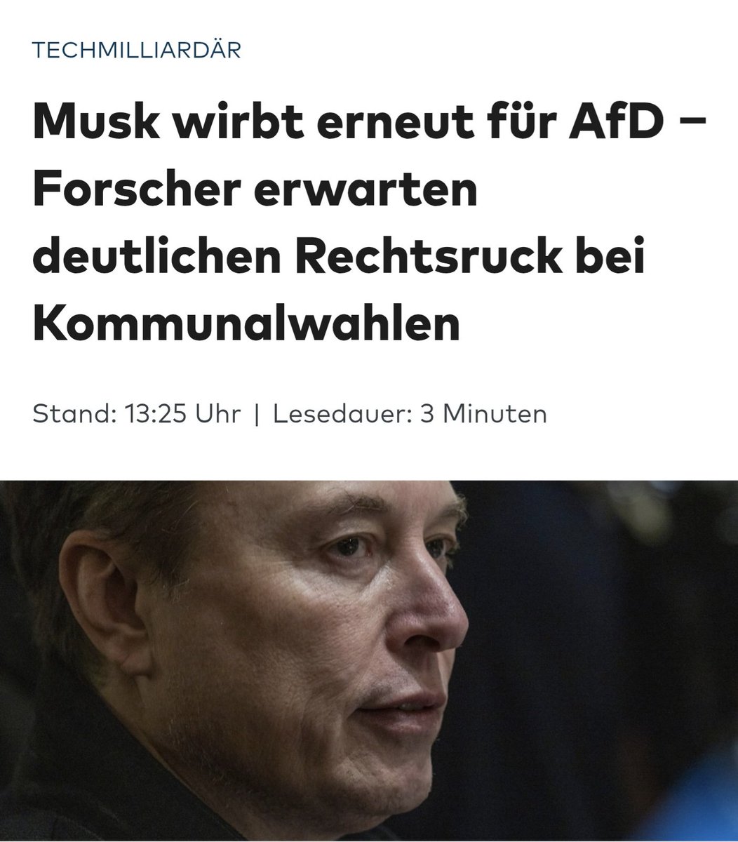 Natürlich wird es bei den Kommunalwahlen einen "Rechtsruck" geben. 

Das hat aber nichts mit Elon Musks Aussage zu tun. Es liegt daran, dass unsere Bundesregierung versprochen hat, dass links vorbei ist. Aber wie alle Wahlversprechen wurde auch dieses gebrochen.

Viele Menschen