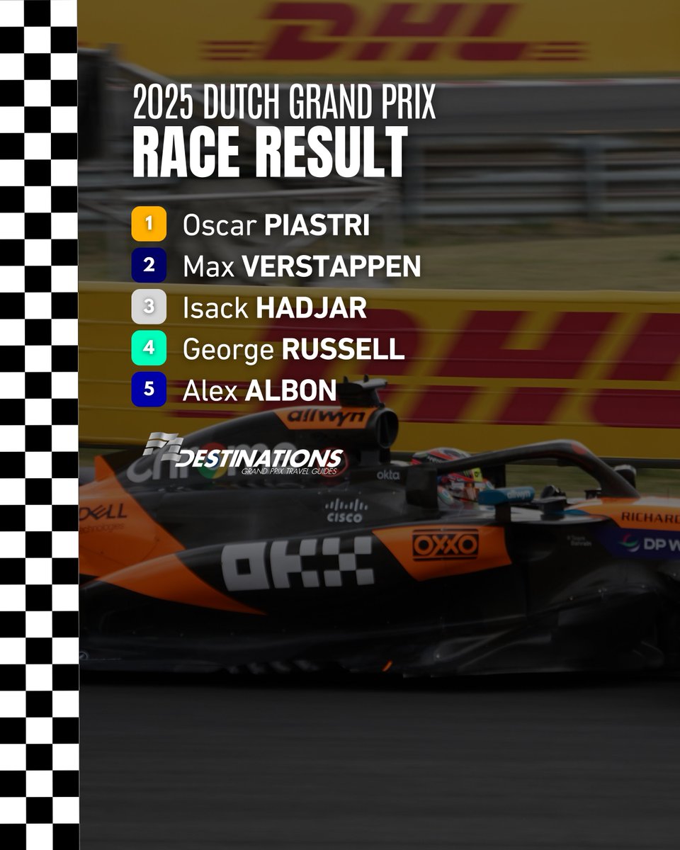 Piastri leads the #DutchGP from start to finish as team-mate Norris retires in the late stages. Verstappen bags another home podium, while Hadjar steals the headlines with his first top three result! #F1