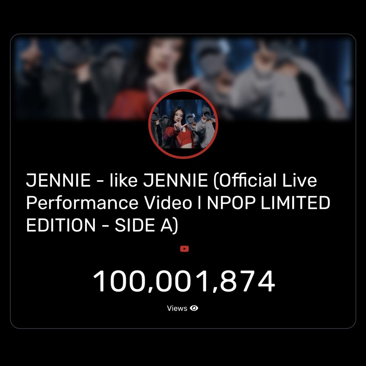 250901 #JENNIE’s “like JENNIE Official Live Performance Video” has now surpassed 100 million views on YouTube youtu.be/XD00TJ-6WSw