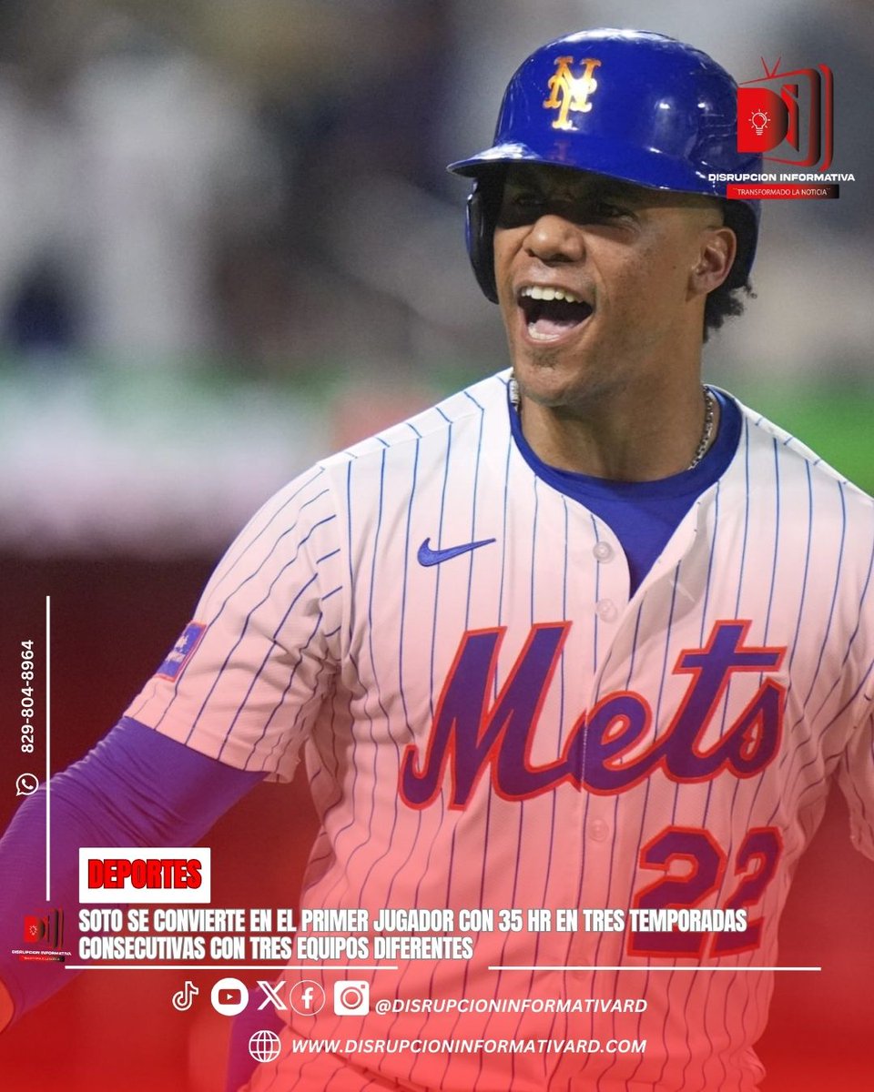 El dominicano Juan Soto logró los 35 jonrones en tres temporadas consecutivas con tres equipos distintos.¡Conoce más aquí!
👇
disrupcioninformativard.com