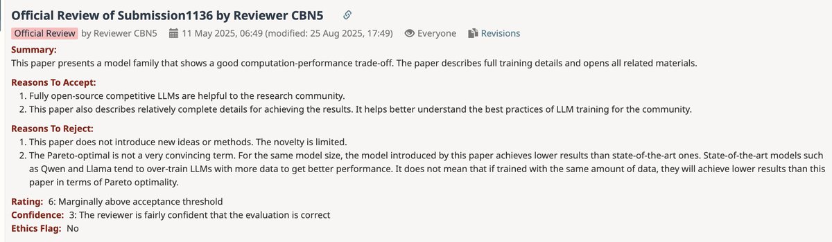 COLM reviewer on OLMO-2 paper: 'novelty is limited' 😅. The paper is one of the best references for open-source models.