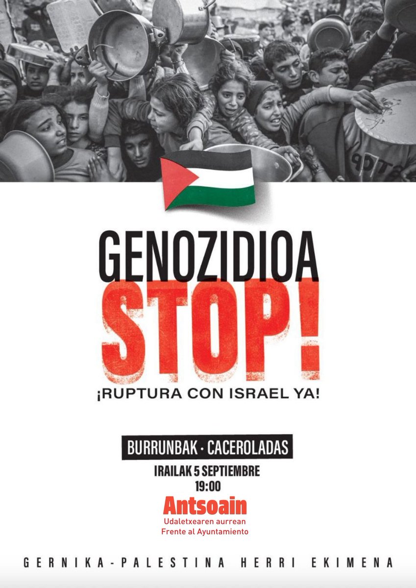 SortuAntsoain's tweet photo. 🇵🇸 Burrunba Antsoainen

Egoeraren larritasunaren aurrean, antsoaindarrok bat eginen dugu Gernika Palestina ekimenak  Euskal Herri osoan proposatzen dituen burrunbekin. Beraz, irailaren 5ean, ostiralean, 19:00etan, Antsoaingo udaletxearen aurrean elkar ikusiko dugu #GenozidioaSTOP https://t.co/w6UfhAbGW2