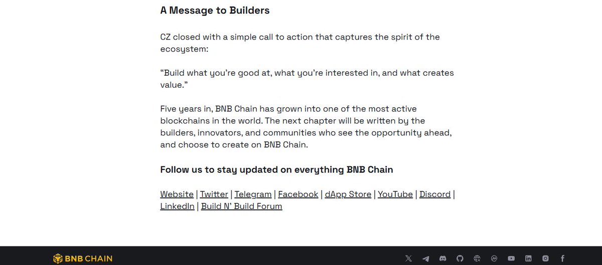 截自 BNB Chain 博客的 CZ 致建设者信息截图