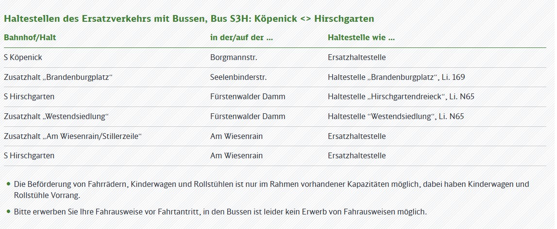 Bauinfo - #S3: Noch bis zum 06.09. (Sa) ca. 5 Uhr entfällt der Halt am Bahnhof #Hirschgarten. Es besteht zur Anbindung ein Ersatzverkehr mit Bussen zwischen #Köpenick <> #Hirschgarten. Zwischen #Friedrichshagen <> #Köpenick besteht nur ein 20-Minutentakt.