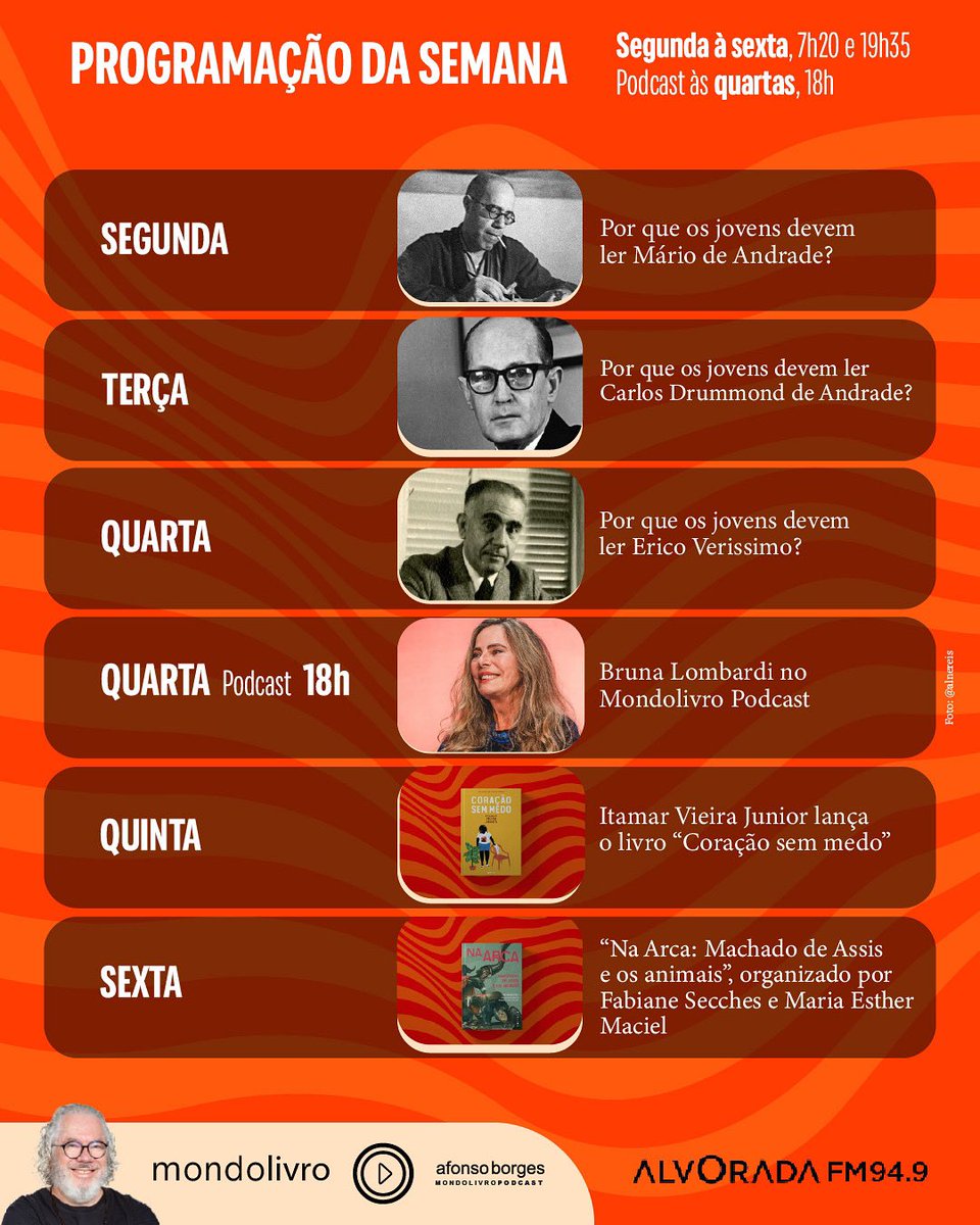 Mondolivro Podcast (@mondolivro) on Twitter photo O Mondolivro na semana que vem já tem programação! Para ouvir os programas de <a href="/afonsoborges/">Afonso Borges</a>, sintonize na <a href="/RadioAlvorada/">Alvorada FM</a> FM 94,9 ou acesse depois o site: bit.ly/4hCkNFQ O Mondolivro na semana que vem já tem programação! Para ouvir os programas de <a href="/afonsoborges/">Afonso Borges</a>, sintonize na <a href="/RadioAlvorada/">Alvorada FM</a> FM 94,9 ou acesse depois o site: bit.ly/4hCkNFQ