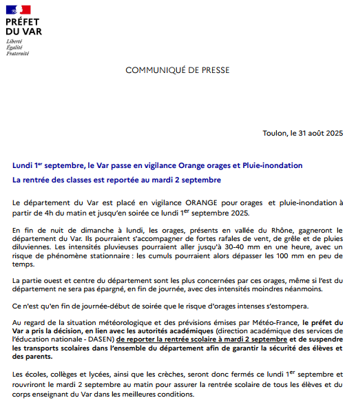Report de la rentrée scolaire dans le #Var
🟠Le département du #Var passe en vigilance ORANGE orages et pluie-inondation dans la nuit de dimanche à lundi et jusqu'en fin de journée.
➡️Au vu des prévisions météorologiques et en accord avec les autorités académiques, le préfet du