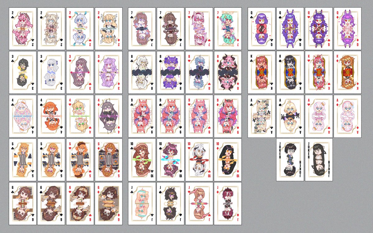 FAACgaming's tweet image. Final monthly update for my PHVT Playing Cards ✨

I finally finished the entire deck of 54 cards 😭 (after two years finally 👊)

I'll finish drawing the backing card and card case real quick and have everything ready for Cosplay Mania this October 🤞
