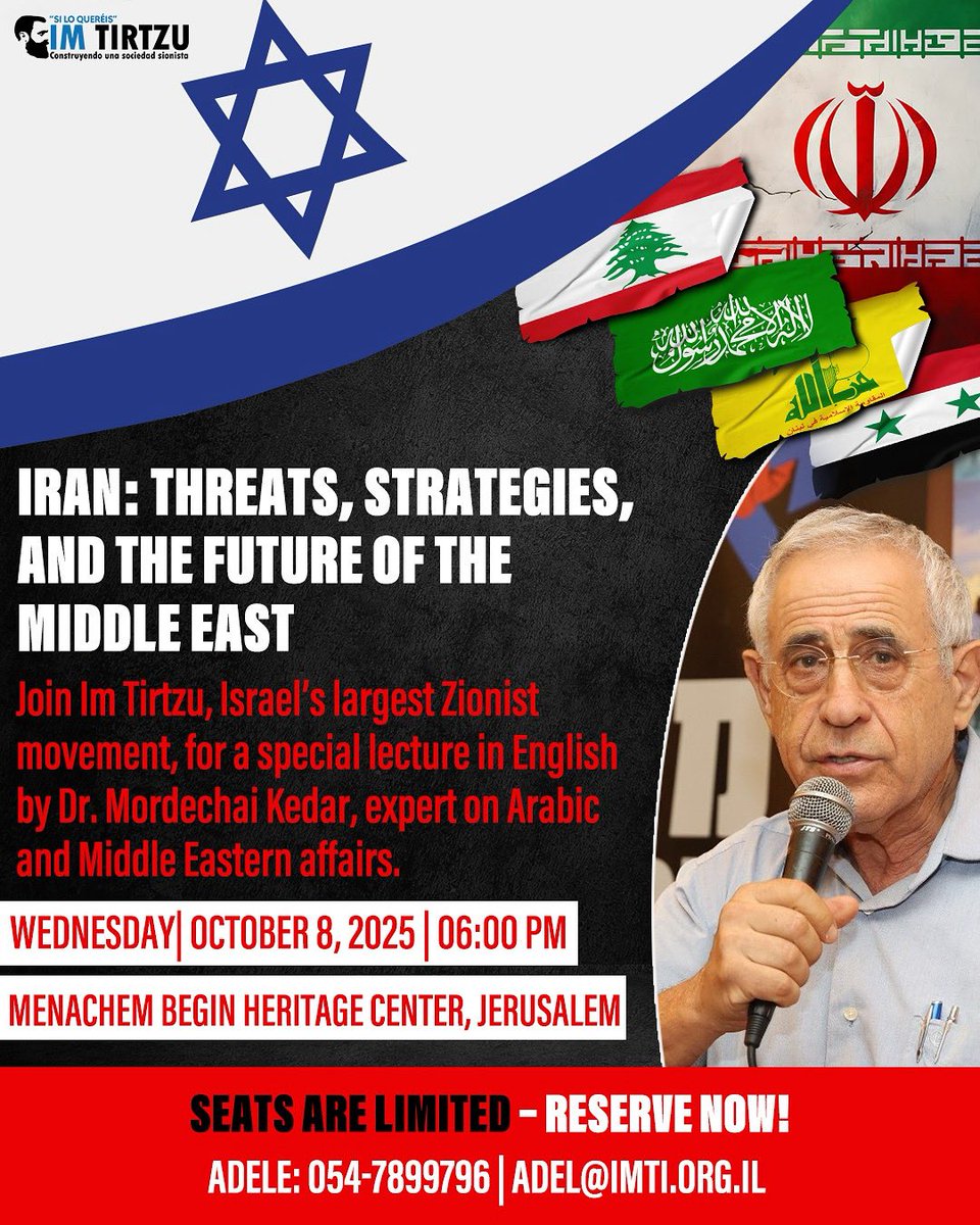 Join us for a fascinating lecture by Dr. Mordechai Kedar on October 8, 2025 at the Menachem Begin Heritage Center in Jerusalem.
Come and learn about the challenges and opportunities facing Israel and the Middle East &gt;&gt; imti.org.il/en/77760/