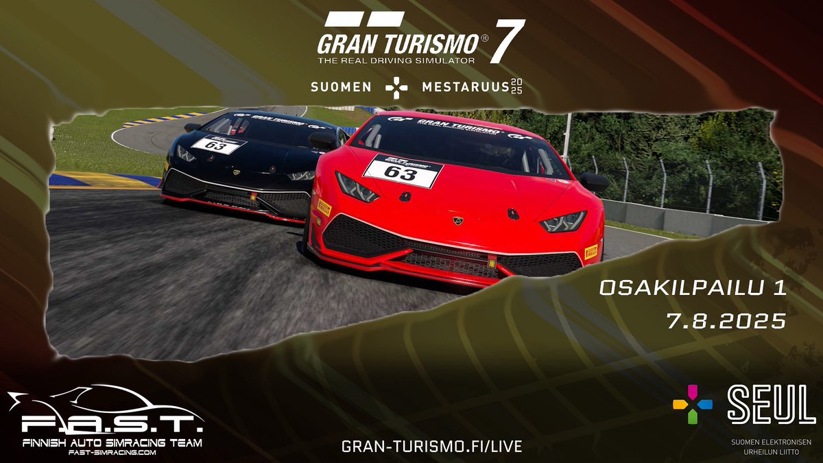 Gran Turismo 7 Suomen Mestaruus 2025

Muistutuksena että ensimmäisen kisaviikon aika-ajoon  ilmoittautuminen päättyy huomenna maanantaina kello 20:00!

Ilmoittautuminen ja lisätiedot 
simracing.fi/kaudet/159 &amp; fast-simracing.com/discord

#OletkoSinäSeuraavaMestari #GranTurismo7 #gt7