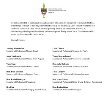 A formal document titled "Statement on the Deplorable Rise of Antisemitism in Canada" from the House of Commons of Canada. The document includes a crest at the top and a letter addressed to Jewish Canadians, expressing concern over the rise of antisemitism. It mentions a specific incident in Ottawa and provides statistics on hate crimes. The letter is signed by 32 Members of Parliament, including Anthony Housefather, Rebecca Alty, Parm Bains, and others, with their titles and constituencies listed.