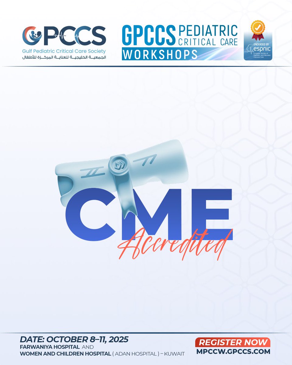 Registration is now open!
Join us at the Multidisciplinary Pediatric Critical Care Workshops — ECMO, POCUS, CRRT &amp; Difficult Airway Management 
📍Kuwait | 🗓️ Oct 8–11, 2025
🔗 mpccw.gpccs.com
#GPCCS #PediatricICU #ECMO #POCUS #CRRT #CriticalCare