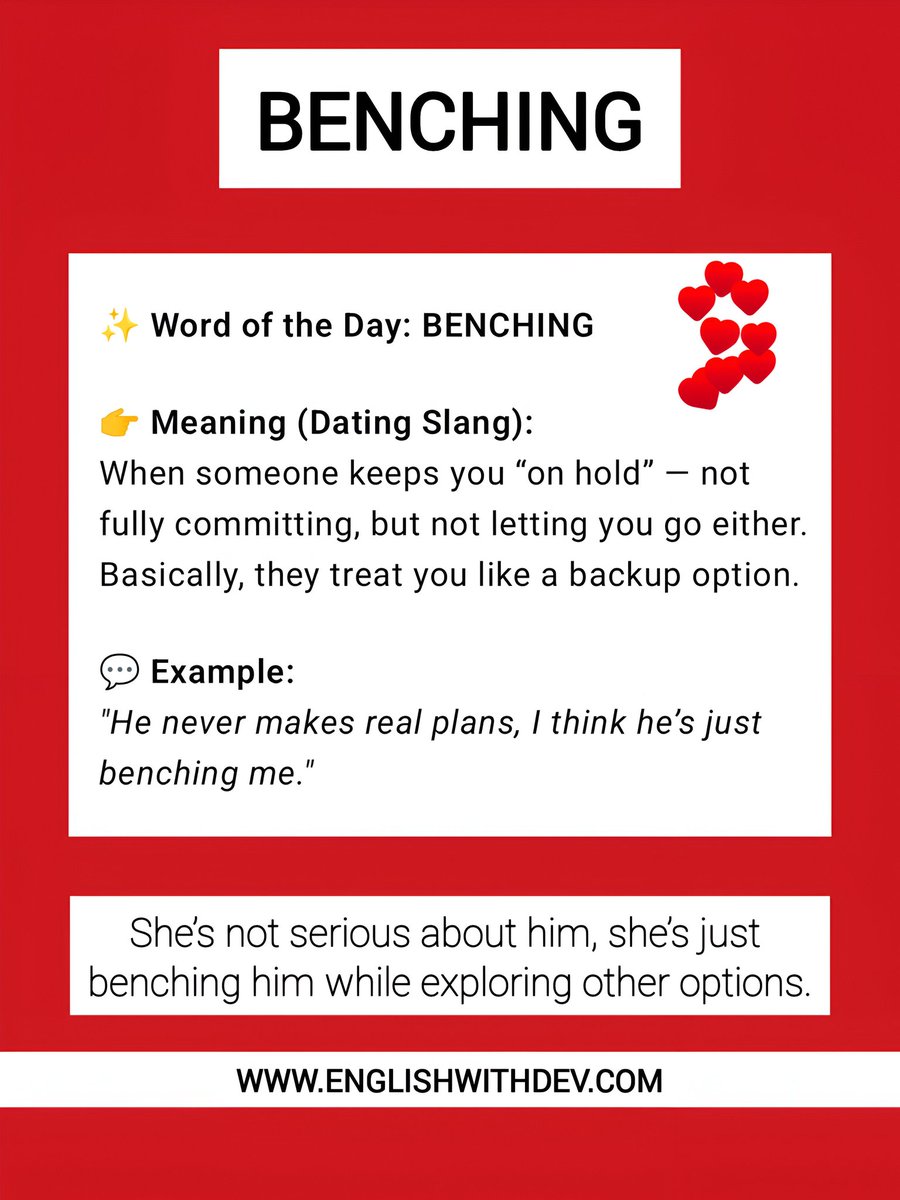 EnglishwithDev's tweet image. Benching - To keep someone as an option without fully committing, similar to keeping them “on the bench” like in sports.
Example - She’s not serious about him, she’s just benching him while exploring other options.
#Benching #Slang #EnglishWithDev