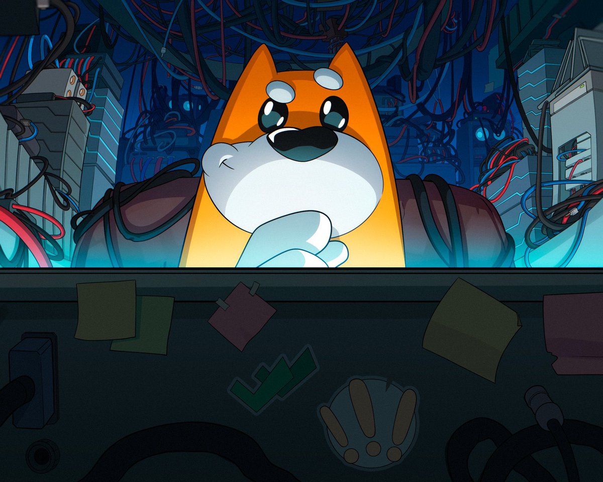 Cartoon Shiba Inu dog in a futuristic tech lab, looking thoughtful amid cables and monitors
