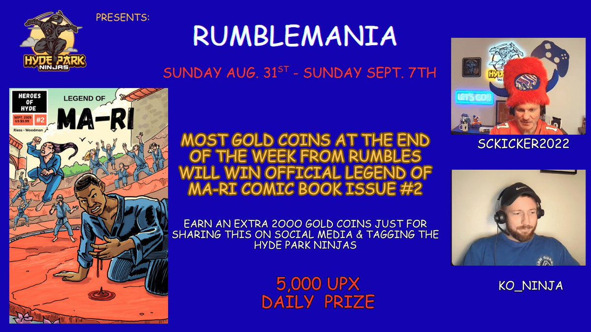 Don’t forget to share this post and earn an additional 2000 Gold Tokens towards your rumble total! 8 days of rumbles! Good luck everyone. discord.gg/JyNptutJ ⁦<a href="/UplandMe/">Upland</a>⁩ ⁦<a href="/Hydeparkninjas/">Hyde Park Ninjas</a>⁩ #comic #martialarts