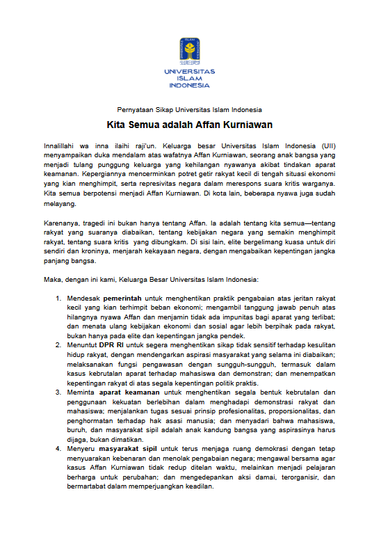 joeyakarta's tweet photo. Pernyataan Sikap @UIIYogyakarta 
"Kita Semua adalah Affan Kurniawan"
https://t.co/Vqq9Chjln2 

Pernyataan sikap yg tegas, penuh empati, dan konkret seperti ini hanya bisa lahir dari akademisi dan jajaran kepemimpinan kampus yg konsisten berkomitmen mendukung gerakan rakyat! 🫡✊ https://t.co/olYP0O1TPI