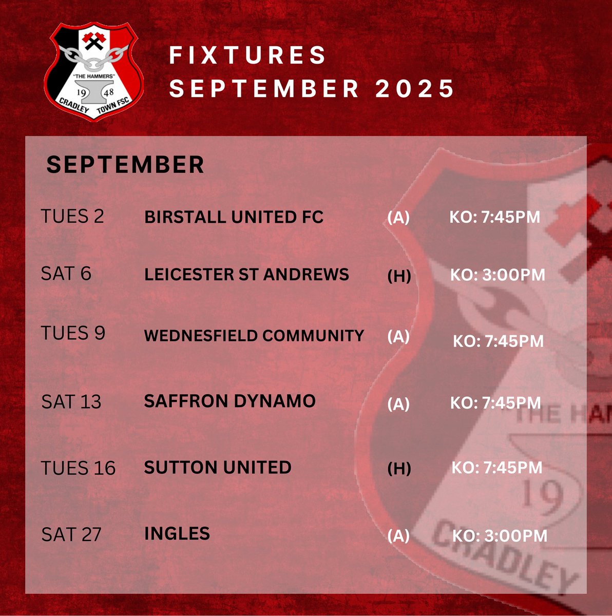 SEPTEMBER FIXTURES 🙌🏻

📅 Check out our September fixtures and get behind the lads!

#UpTheHammers #cradleytown