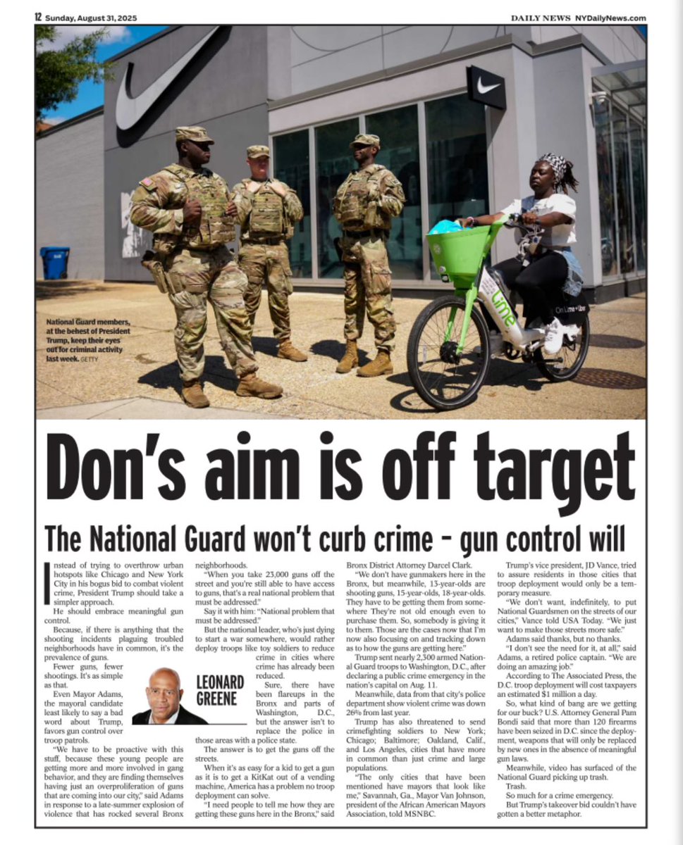 The Sunday Column: Trump city takeovers are a waste of time. Gun control needed to combat violent crime nydailynews.com/2025/08/30/tru…