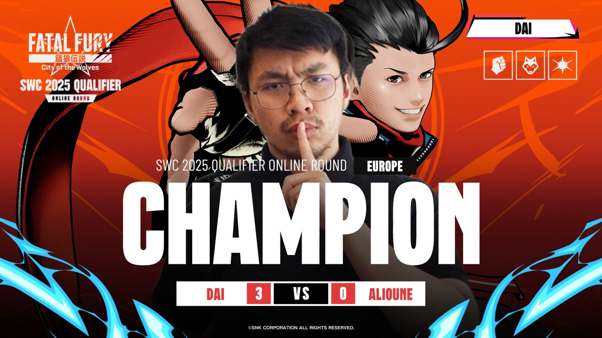 🏆 Dai is your #SWC2025 Qualifier Online Round European Champion! He's officially secured his spot at <a href="/DreamHack/">DreamHack</a> Atlanta.

A huge shoutout to the incredible TOP 8 who battled their way through the bracket today:
🥇 <a href="/Dai0157/">Dai</a> 
🥈 <a href="/Alioune85/">Alioune</a> 
🥉 <a href="/DPPida/">Pida</a> 
🏅 <a href="/FGC_KTOP/">FOX | K-TOP</a> 
🏅 <a href="/SulianLamu/">SulianLamu#COTW</a>
